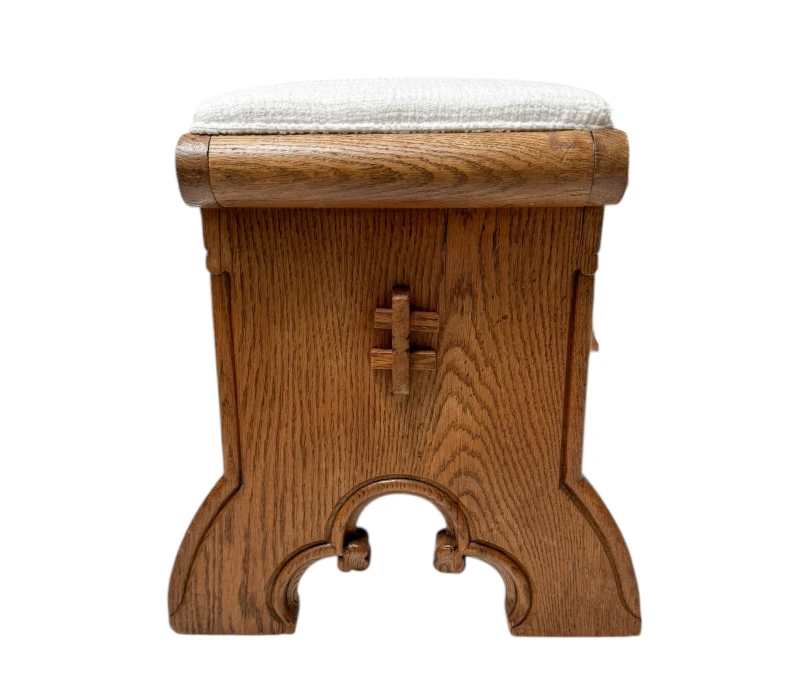 Arts & Crafts Hand-Carved Oak Stools with Boucle Upholstery, 1900s